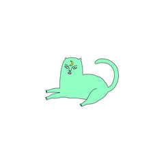 Handdrawn mystical green witch cat. Cartoon doodle stupid style. Halloween, pagan, witchcraft and fairy tale theme. Vector