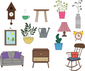 A set of furniture and interior items. Things necessary for a cozy home. A sofa, a desk lamp, a rocking chair, indoor plants, a painting and others.
