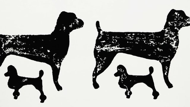Black silhouettes of hunting dog and poodle on the white background, graphic arts