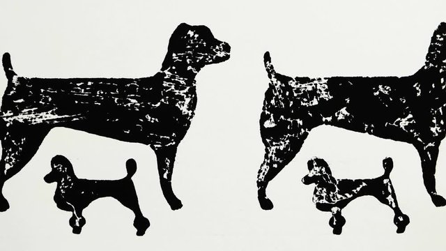 Black silhouettes of hunting dog and poodle on the white background, graphic arts