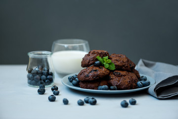 Chocolate cookies with chocolate chips and blueberry on gray wooden background. Summer food. Soft focus. Front view. Copy space