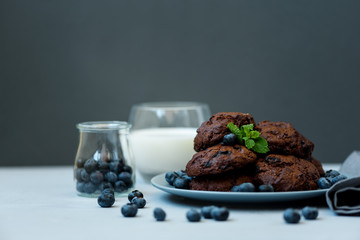 Chocolate cookies with chocolate chips and blueberry on gray wooden background. Summer food. Soft focus. Front view. Copy space