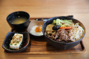 Sukiyaki donburi , sukiyaki hot pot stew with Japanese rice in bowl Japanese food