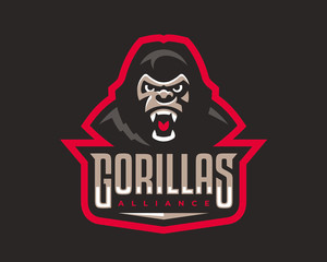 Gorilla head modern logo. Monkey template design emblem for a sport and eSport team.