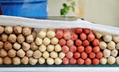 Assorted Meatball and Sausage in Food Showcase