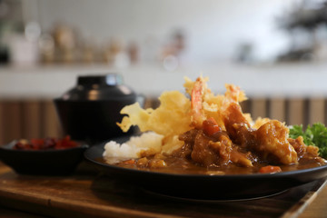 Japanese curry rice with fried shrimp tempura Japanese food
