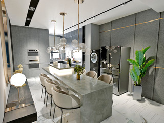 Bright expensive kitchen design. Kitchen island bar with granite countertop. Crystal lamp in a modern interior. 3d rendering