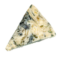 Wedge of Blue cheese. Mold Cheese isolated on a white background. Food concept, close up. Flat lay