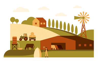 Farm flat vector illustration. Agriculture business color cartoon minimal drawing. Farmland fields, cattle in barn, tractor industrial machinery. Village, rural landscape. Farmer, windmill on horizon