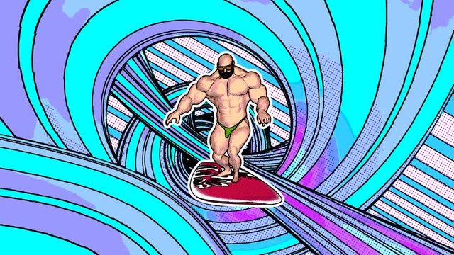 Seamless animation of masculine muscular bodybuilder surfing in an abstract background. Funny sport summer cartoon hand drawn style backdrop