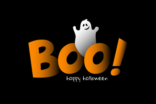 boo happy halloweeen banner card cover design with cute ghost on black background