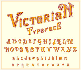 Victorian Font in ancient style. Antique old alphabet for Whiskey label. Vintage typeface in gold colors, editable and layered. Hand drawn Vector modern letters.