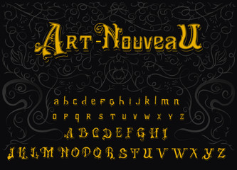 Victorian alphabet in Vintage style. Antique old Font. Typeface in gold colors, editable and layered. Hand drawn Vector modern letters.