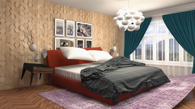 Zero gravity bed hovering in bedroom. 3D Illustration