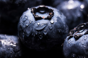 Close-up of a blueberry. The berry is wet by drops of water.