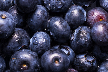 Close-up of a blueberry. The berry is wet by drops of water.