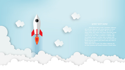 Paper art of rocket illustration flying over cloud. beautiful scenery with white clouds, vector art and illustration.