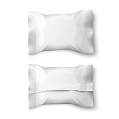 Vector realistic 3d white snack or candies sachet.  Mock-up for product package branding.