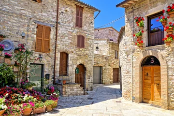 Foto op Plexiglas Smal steegje Mooie stenen gebouwen van de met bloemen gevulde oude stad Assisi, Italië