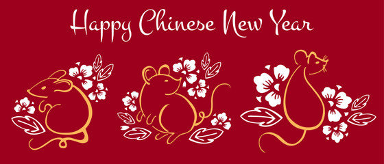 Chinese New Year 2020. The Year of the Mouse or Rat. Vector set with outline hand drawn brush illustration of three mice and flowers