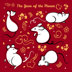 Chinese New Year 2020. The Year of the Mouse or Rat. Vector outline hand drawn brush illustration set with different animal characters, decorative elements and flowers on red background