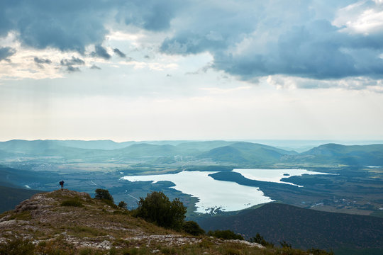View of Baydarskaya Valley in Sevastopol, Crimea as known as baydar or baydari valley. landscape of green valley with big lake and villages around it.