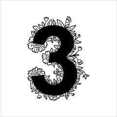 Number three with flowers, leaves and herbal details. Black and white graphic design element for stickers, scrapbook, greeting cards, poster, web.