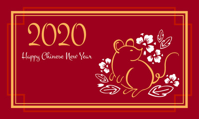 Chinese New Year 2020 web banner and print template. The Year of the Mouse or Rat. Vector outline hand drawn brush illustration with mouse and decorative flowers