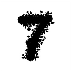 Floral lacy number seven with flowers, leaves and herbal details. Black silhouette. Graphic design element for stickers, scrapbook, greeting cards, poster, advertisement, web