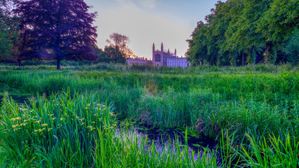 Dawn summer light over the Backs towards King's College, Cambridge, UK
