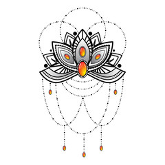 Black outline flower dotted tatoo silhouette with orange gems