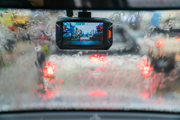 car video recorder in rainy day and traffic jam