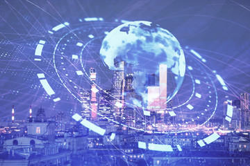 Double exposure of world map on city veiw background. Concept of international trading