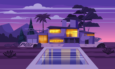 Modern villa on residence in exotic country night, expensive mansion in lahdscape tropics