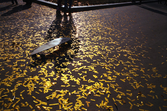 Skateboard on asphalt strewn with golden sequins