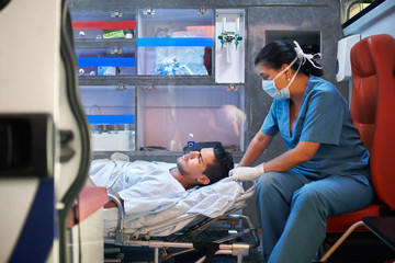 Paramedic and patient in an ambulance