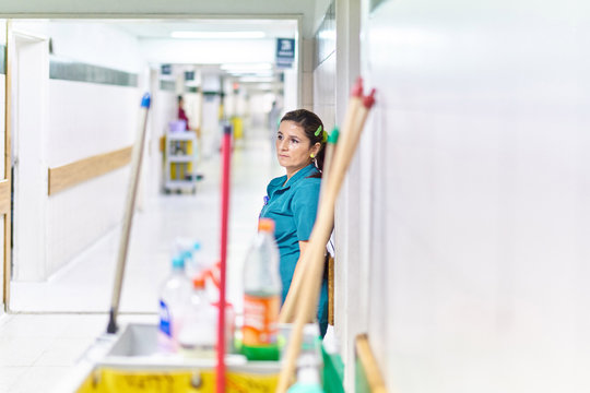 Woman cleaning hospital