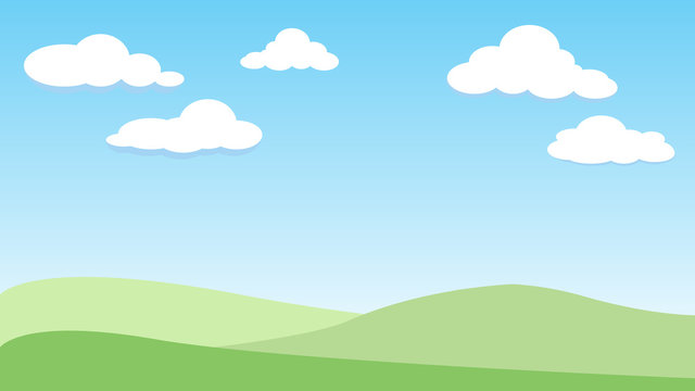 Green landscape hills with white cartoon clouds on blue sky.