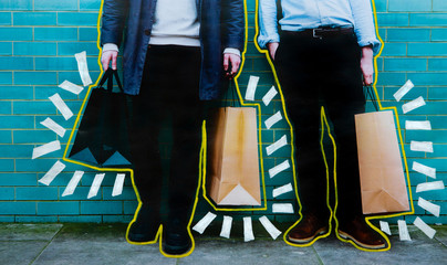 Low res print of two men shopping with drawn marks added.