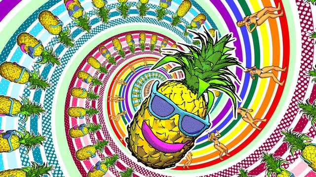 Seamless animation of a funny pineapple with sunglasses.  Funny summer background cartoon hand drawn style psychedelic spiral backdrop