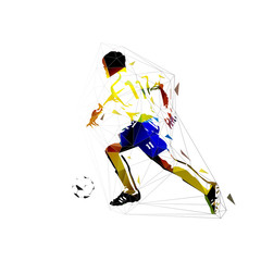 Soccer player running with ball, abstract polygonal vector illustration