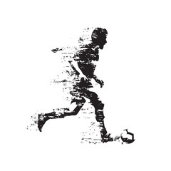 Soccer player running with ball, abstract grunge vector silhouette, side view