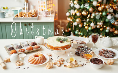 Christmas table greeting card, Christmas greeting card template, Christmas table with home treats in the kitchen on Christmas Eve