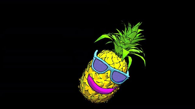 Seamless animation of a funny pineapple with sunglasses.  Funny summer background cartoon hand drawn style isolated with alpha channel