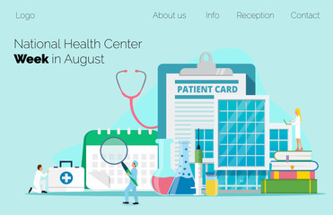 National Health Center Week in August. Healthcare, clinic center concept vector. Tiny doctots treat,  diagnose, carry out prevention, webinar. It is for landing page, UI, flyer, banner, website