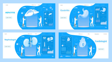 Medicine landing pages. Concept vector of pyelonephritis, stomach, lungs, heart diseases, hypertension. Tiny doctors treat internal organs, making ultrasound, x ray research. Trendy healthcare flyers.