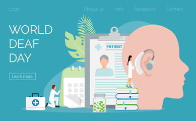 World Deaf Day in  last Sunday of September concept. Rally, seminar and various deaf awareness campaign design vector for app, landing page, website. Tiny doctors give hearing aid.