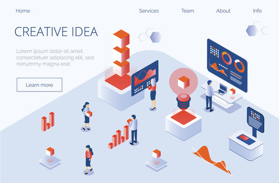 Trendy gradient flat isometric concept of creative idea, team works, marketing, bisiness solution for website and mobile website, register form. Landing page template vector