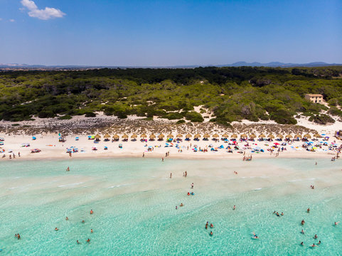 Spain, Balearic Islands, Mallorca, Sa Rapita, Ses Covetes, Aerial view of Playa es Trenc