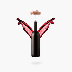 bottle of wine with corkscrew in action and splashes in the shape of wings on a gray background, advertising icon of an elite wine